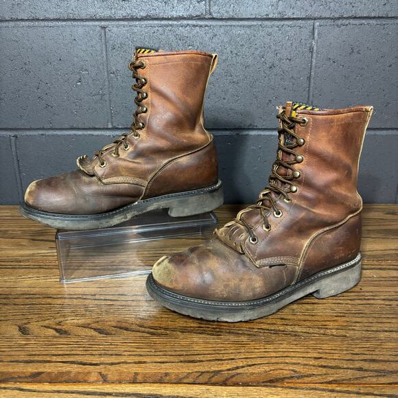 Justin Original Workboots Mens 9.5 EE Brown Leather USA Made Kiltie Logger Boots - Picture 1 of 8